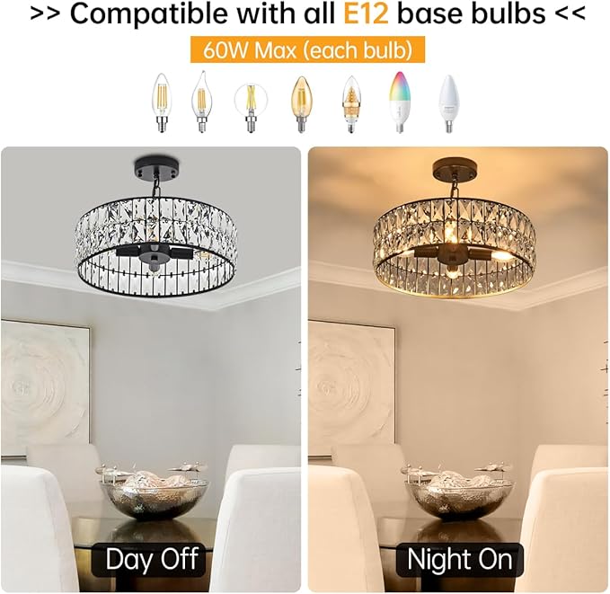 16” 4-Light Modern Crystal Chandeliers Black Dinning Room Light Fixture, Round Pendant Light Kitchen Island Chandelier, Flush Mount Ceiling Light for Living Room Entryway Bedroom Foyer-CasaMuseHome