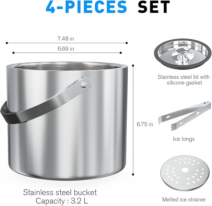 3.2 Liter Ice Bucket with Silicone Lid, Strainer, Tongs, Double Wall Insulated Stainless Steel Ice Bucket Wine Bucket for Cocktail Bar and Parties-CasaMuseHome