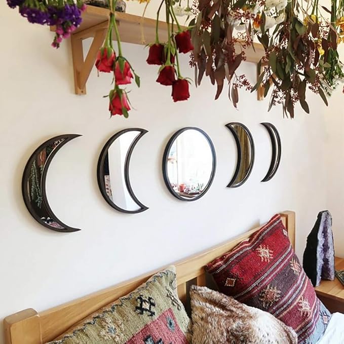5 pcs Scandinavian Natural Decor Acrylic Moonphase Mirrors Interior Design Wooden Moon Phase Mirror Bohemian Wall Decoration for Home Living Room Bedroom Decor - No Need to Punch (Black)-CasaMuseHome