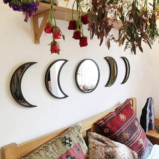 5 pcs Scandinavian Natural Decor Acrylic Moonphase Mirrors Interior Design Wooden Moon Phase Mirror Bohemian Wall Decoration for Home Living Room Bedroom Decor - No Need to Punch (Black)-CasaMuseHome