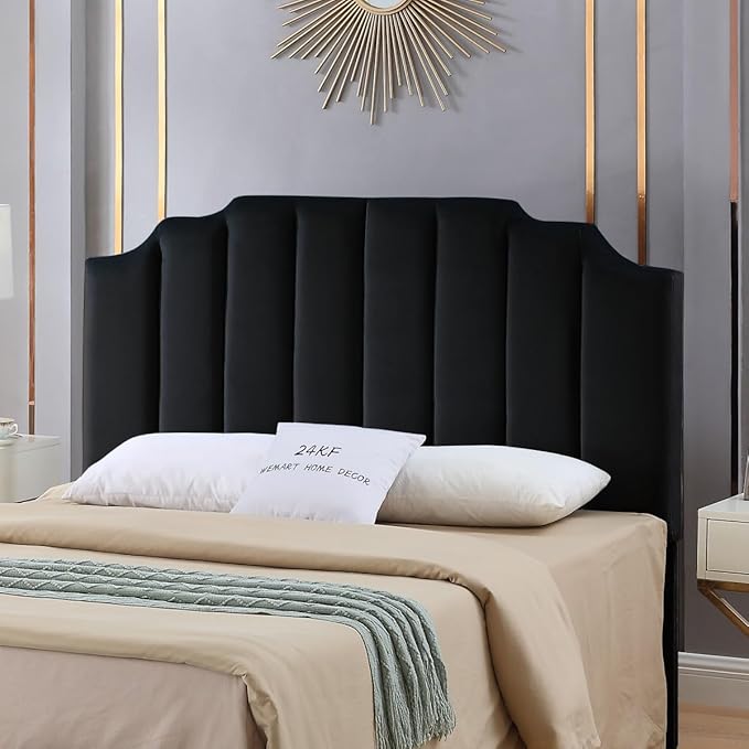 24KF Black Velvet Tufted Queen Upholstered Headboard, Modern Vertical Channel Design California Queen/Full Headboard with Stepped Silhouette Top Edge,Black-CasaMuseHome