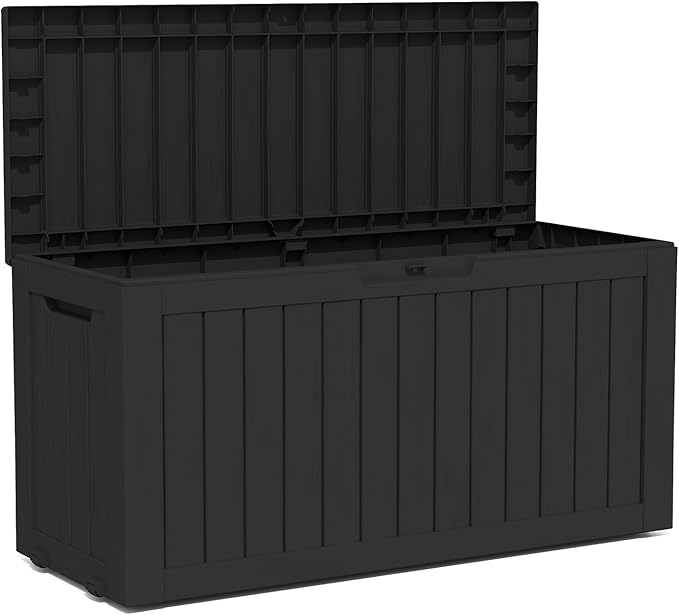 90 Gallon Lockable Resin Deck Box with Wheels, Waterproof & UV-Resistant Outdoor Storage Box for Outdoor Cushion Storage, Garden Tools & Pool Accessories Storage, Black-CasaMuseHome
