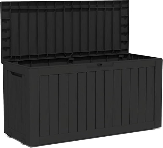 90 Gallon Lockable Resin Deck Box with Wheels, Waterproof & UV-Resistant Outdoor Storage Box for Outdoor Cushion Storage, Garden Tools & Pool Accessories Storage, Black-CasaMuseHome