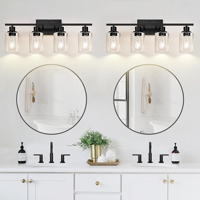 4-Light Bathroom Light Fixtures, Matte Black Modern Vanity Lights with Clear Glass Shades, Bathroom Wall Lamp for Mirror Living Room Cabinet Bedroom Porch-CasaMuseHome