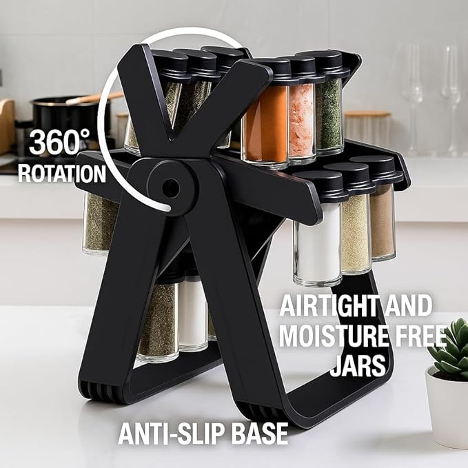 A&K's Rotating Spice Rack Organizer, 18 Glass Jars, 360-Degree Turntable, Black, Comes with Spice Label Stickers, Funnel, and Water Pen. Best for Kitchen Organization, Countertop, Pantry, and Cabinet.-CasaMuseHome