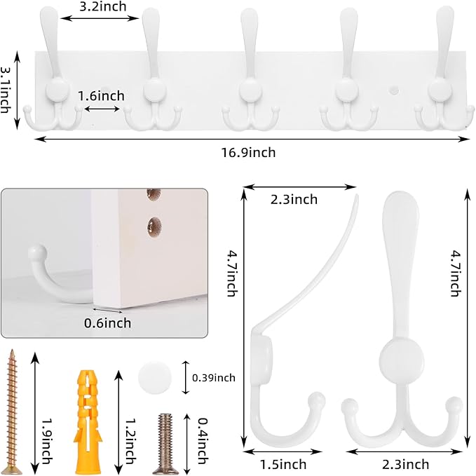 2pcs Coat Rack Wall Mount Coat Hooks Wooden Hat Rack for Wall Hooks Pine Real Wood Plank 16.9" White Coat Hanger with 5 White Triple Hooks for Hanging Coat Hat Jacket-CasaMuseHome