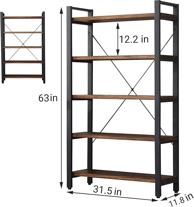 5 Tier Bookcase, Solid Wood Bookshelf Rustic Vintage Industrial Etagere Bookcase, Metal and Wood Free Vintage Bookshelf, Retro Brown (Real Wood) (5-Tiers)-CasaMuseHome