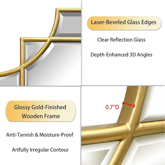 30x20 Inch Gold Bathroom Mirror, Wooden Frame with Scalloped Polished Beveled Glass, Modern Art Wall Decor for Vanity, Irregular Rectangle Mirror for Bedroom, Living Room, Fireplace & Entryway-CasaMuseHome