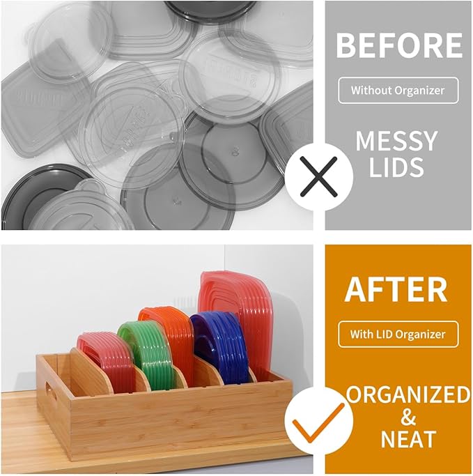 2 Pack Bamboo Lid Holder Food Container, Kitchen Organizer with 5 Adjustable Dividers, Cabinet Organizer for Food, Kitchen Gadget, Container Lids-CasaMuseHome