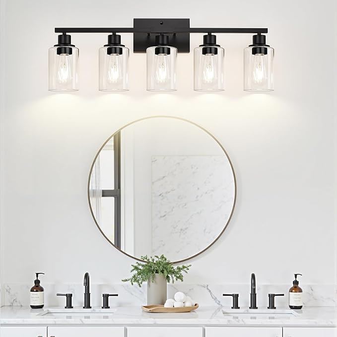 5-Light Bathroom Light Fixtures, Matte Black Modern Vanity Lights with Clear Glass Shades, Bathroom Vanity Light for Mirror Living Room Cabinet Bedroom Porch-CasaMuseHome