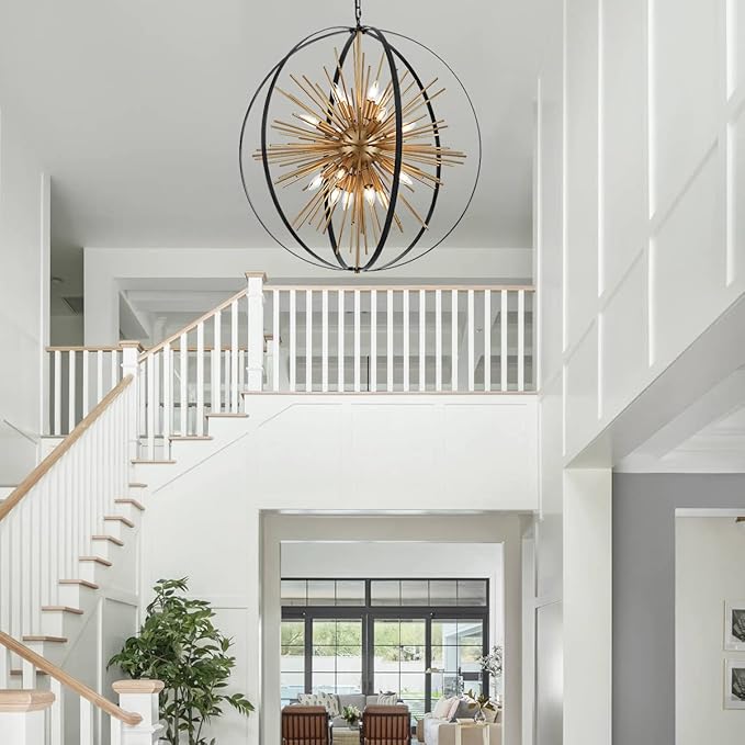 31.5" Black Gold 16-Light Globe Sputnik Chandelier Modern Industrial Adjustable Hanging Ceiling Firework Pendant Light Fixture for Entryway Foyer Stairway Bedroom Dining Living Room Hallway-CasaMuseHome