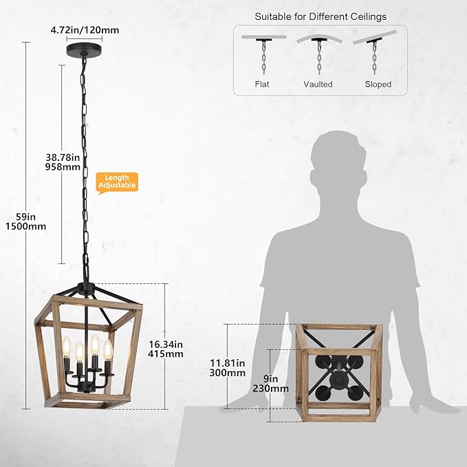 4 Light Farmhouse Chandelier, Rustic Ceiling Light Lantern Light Fixture with Wood Painted Metal Cage and Adjustable Chain, E12 Base Geometric Hanging Light Fixture for Entryway, Kitchen, Indoor-CasaMuseHome