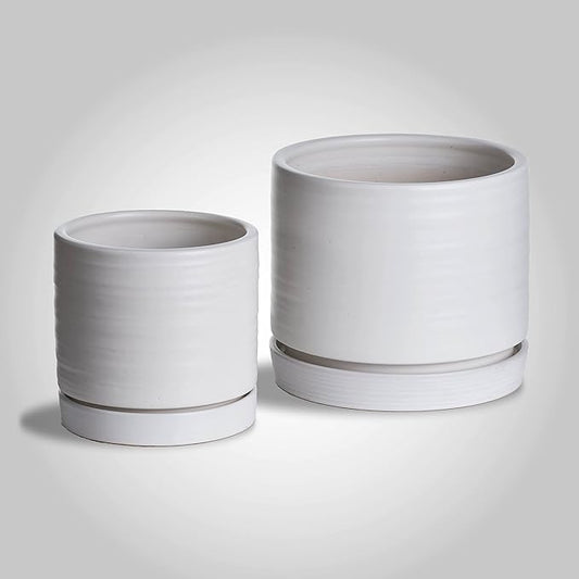 6 + 8 Inch Plant Pots, Ceramic Planter Pot with Drainage Hole & Saucer, Indoor/Outdoor Cylinder Round Planter Pot, Matte White-CasaMuseHome