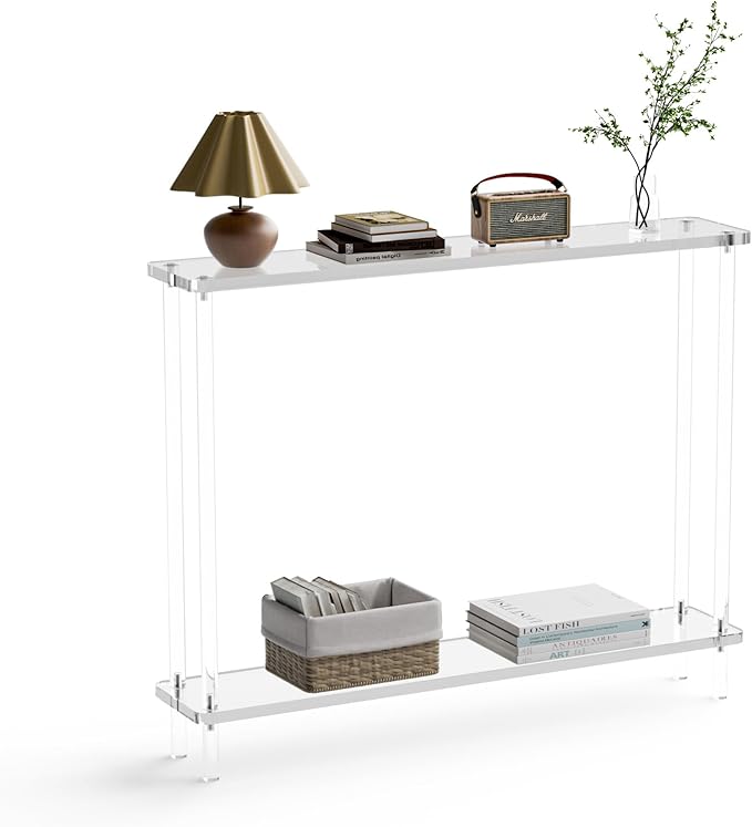Acrylic Console Table, 2 Tier Acrylic Narrow Console Tables for Entryway,CHICUN, Square Legs, Skinny Console Table for Foyer, Sofa, Living Room,Clear-CasaMuseHome
