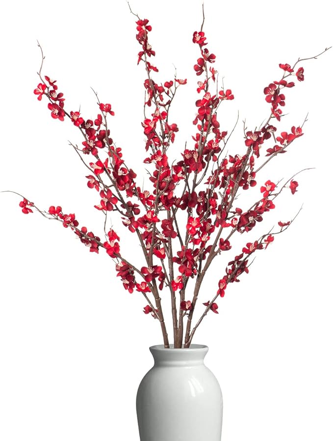 4Pcs Cherry Blossom Branches Artificial Flowers for Spring Summer Indoor Decoration,Faux Long Stem Artificial Flowers for Wedding Home Office Bedroom Party Table Centerpieces Decor(Red)-CasaMuseHome