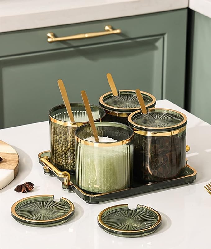 Acrylic Condiment Spice Jars,Condiment Spice Box With Lids and Spoons and Tray,Clear Plastic Sugar Salt Canisters,Seasoning Box 4 Pack,Seasoning Box Set for Kitchen to Storage Salt,Paprika,Sugar-CasaMuseHome