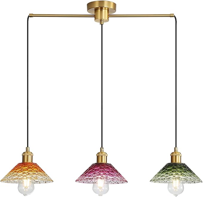 3-Light Pendant Lights Kitchen Island, Ceiling Hanging Lighting Fixtures, Colorful Vintage Glass Shade Pendants, Modern Gold Dining Room Chandeliers Height Adjustable for Farmhouse Living Room-CasaMuseHome