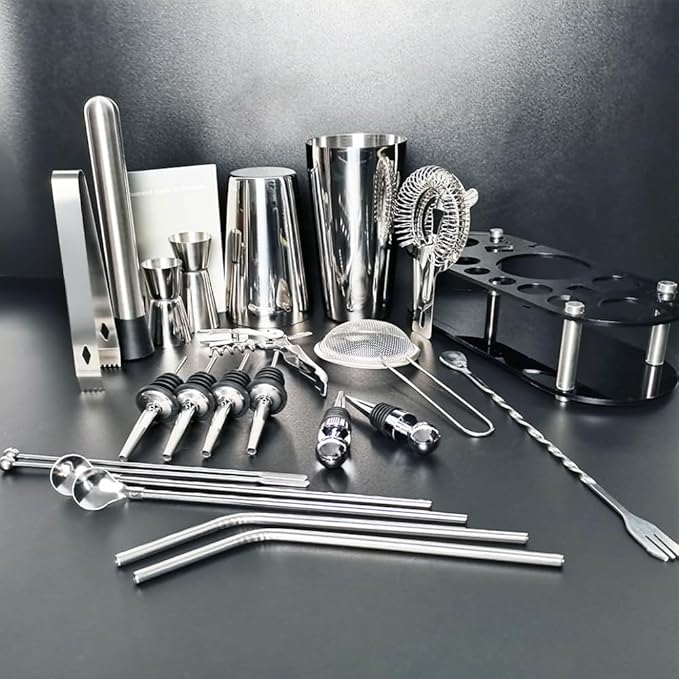 22-Piece Cocktail Shaker Set, 25/20oz Bartender Kit, Bartending Stainless Steel Bar Tools Sets for Drink Mixing, Boston Cocktail Shakers with Stand Recipes Booklet (Siver 25-20oz)-CasaMuseHome