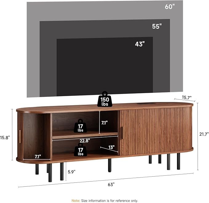 63" TV Stand with Power Outlet, Modern Media Console with Sliding Doors, Entertainment Center for TVs up to 60 Inch, Adjustable Shelves, Walnut-CasaMuseHome