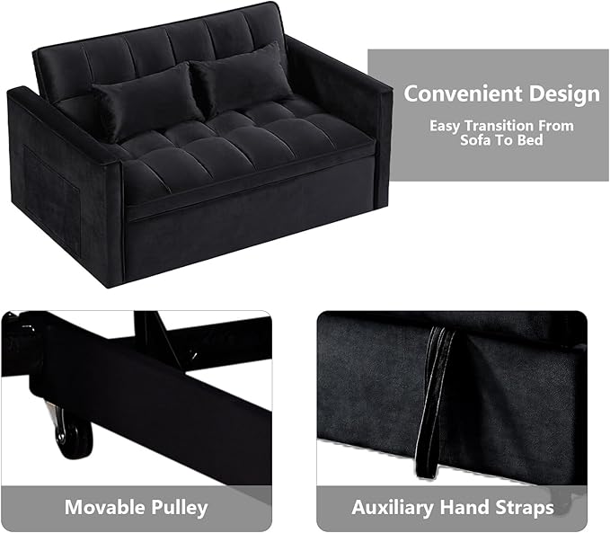 3 in 1 Convertible Sleeper Sofa Bed,Futon Loveseat Couch with Pull-Out Bed & Adjustable Backrest,Velvet Fabric Sofa with Side Pocket for Small Apartment, Living Room, Office (Black)-CasaMuseHome