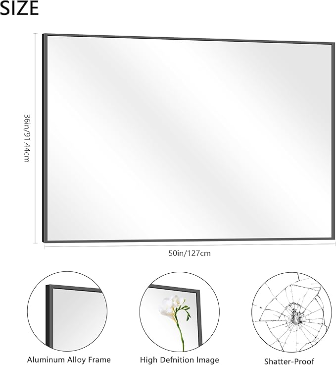 36x50inch Bathroom Mirror, Black Rectangle Mirrors with Thin Metal Frame, Large Rectangular Wall Mirror for Bathroom, Living Roomm, Hair Salon, Big Farmehouse Mirror Hang Horizontal/Vertical-CasaMuseHome