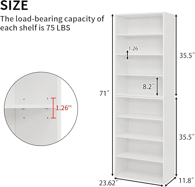 71 Inch Tall 8-Shelf Bookcase, Wood Bookshelf Storage Organizer Adjustable Shelf for Home Office Living Room, Converts into Two 4-Shelf Bookshelves, White-CasaMuseHome