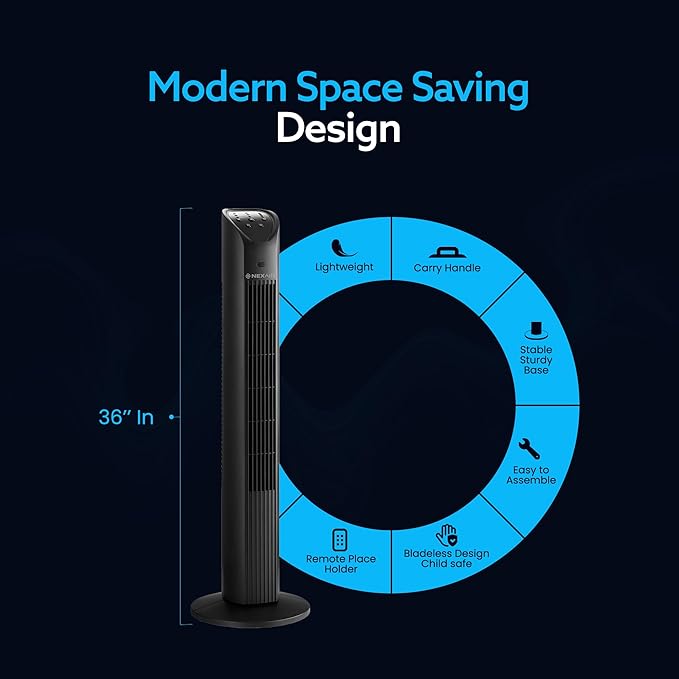 36” Oscillating Tower Fan, 3 Speed Portable Fan Tower With Remote Control, Quiet Operating Floor Fan for Bedroom with 7.5 Hr Auto Off Timer, Modern Design Room Cooling Fan For Home & Office-CasaMuseHome