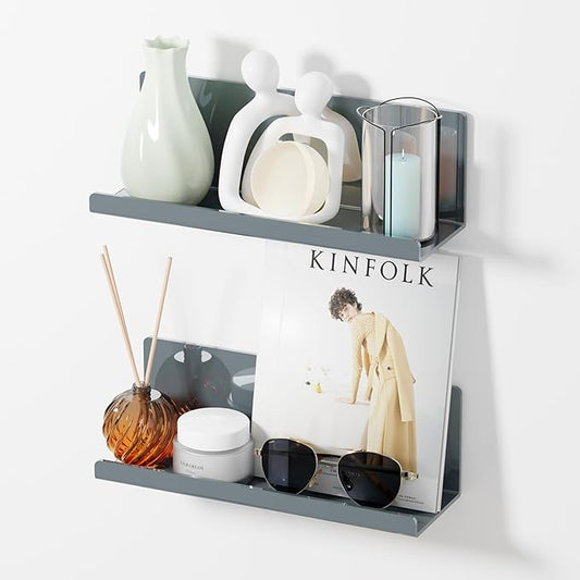 Adhesive Floating Shelves for Wall No Drilling, 12 Inch Acrylic Self Adhesive Shelves, Stick on Shelves, Dorm Wall Shelf, for Bathroom, Kitchen, Bedroom, Office, Gaming Room, Gray-CasaMuseHome