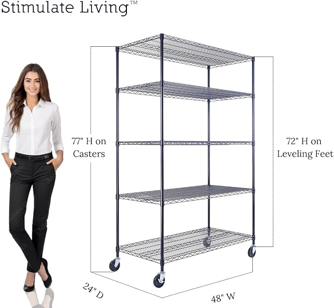 48"x24"x72" Prime Heavy Duty Black 5-Tier Steel Wire Shelving NSF 4000 LBS MAX Capacity Storage Rack for Commercial, School, Home, Garage, Warehouse, Industrial, and Hospital Uses (with Wheels)-CasaMuseHome