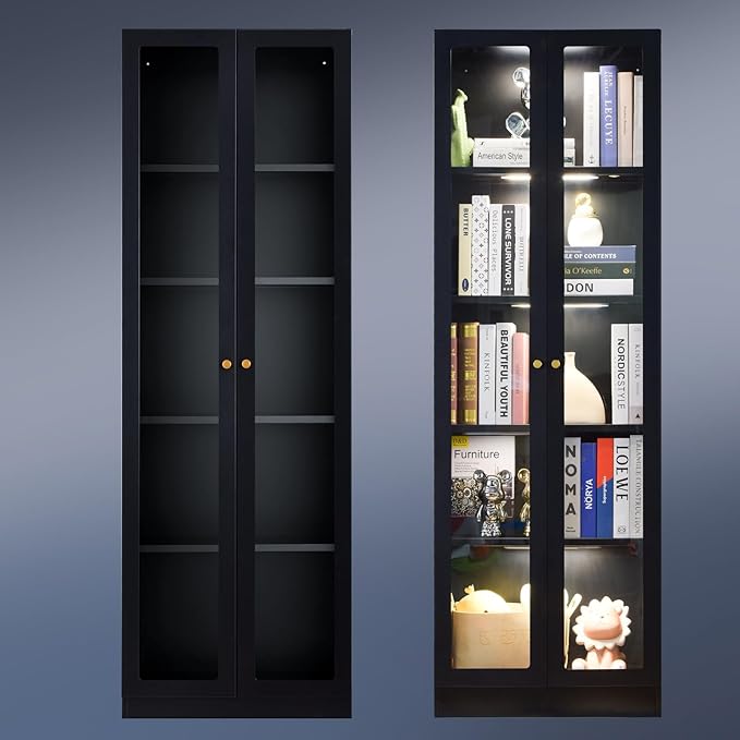 5 Tier Metal Curio Cabinets, 71" Tall Modern Bookshelf Cabinet with 4 Adjustable Shelves, Cabinet Display Case for Home Office, Living Room, Pantry, Assemble Required, Black-CasaMuseHome