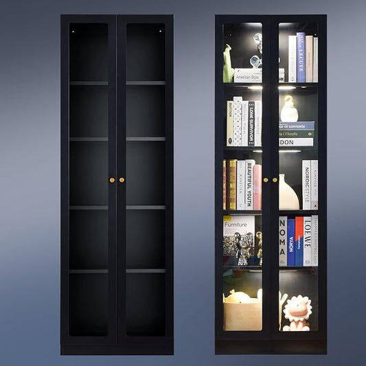 5 Tier Metal Curio Cabinets, 71" Tall Modern Bookshelf Cabinet with 4 Adjustable Shelves, Cabinet Display Case for Home Office, Living Room, Pantry, Assemble Required, Black-CasaMuseHome