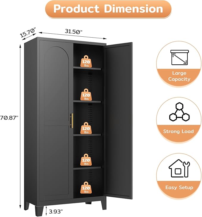 70.87" H Metal Kitchen Pantry Cabinet, Freestanding Cupboard with 2 Doors and 4 Adjustable Shelves, Tall Metal Storage Cabinet for Kitchen, Bathroom, Dinning Room or Laundry Room （Black）-CasaMuseHome