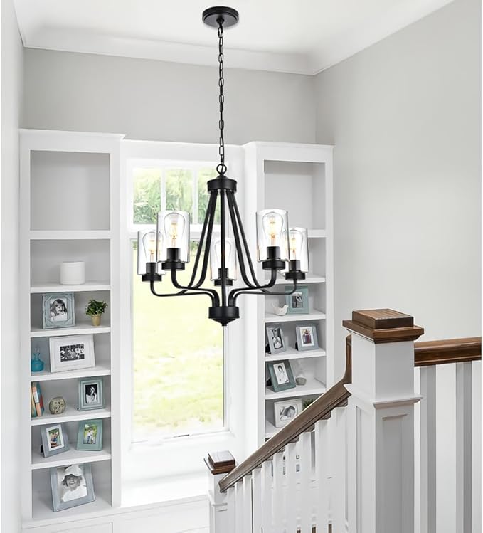 5-Lights Modern Chandelier with Clear Glass Shades, Black Farmhouse Pendant Lighting for Dining Room Kitchen Island Ceiling Light Fixture Haning Over Table-CasaMuseHome