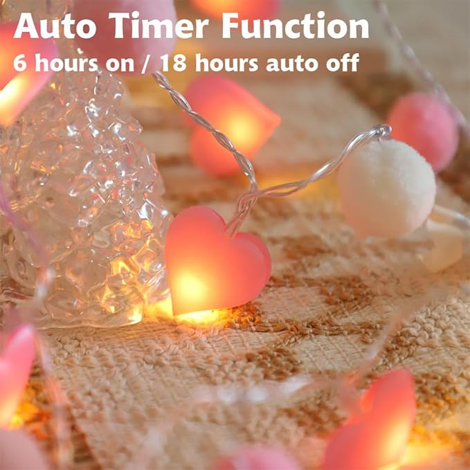 9.85Ft String Lights with 20 Pink Heart LEDs 20 Pink Pom Poms Garland Lights with Timer Valentine Decoration for Home Kid Bedroom Mother's Day Wedding Party Valentine's Day Decor-CasaMuseHome