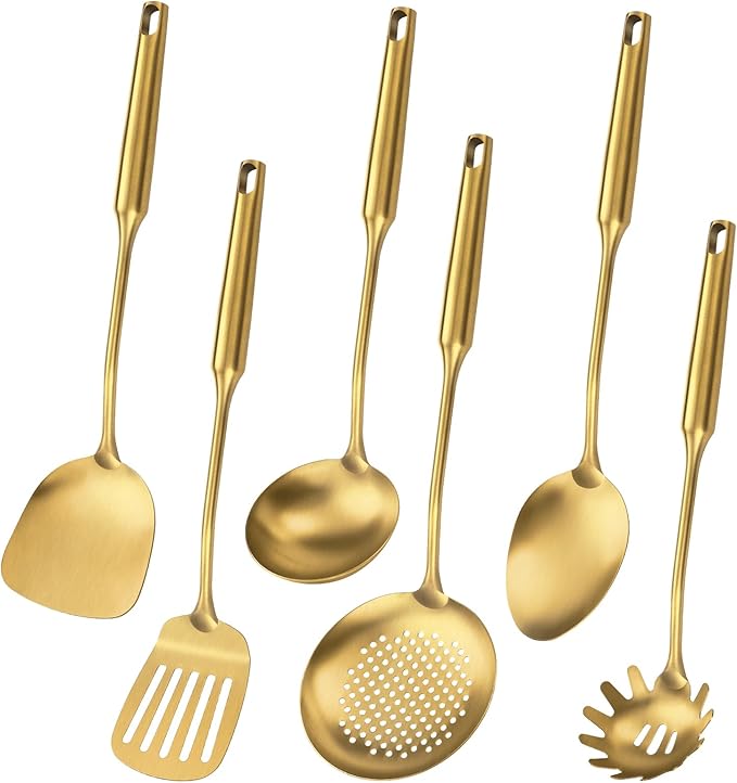 304 Stainless Steel Cooking Utensil,Kitchen Kitchen Utensil with Spatula, Solid Spoon, Ladle, Skimmer, Spaghetti Spoon, 6 Piece Set, Dishwasher Safe(Gold)-CasaMuseHome