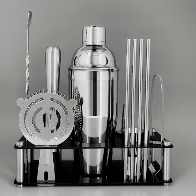 14-Piece Cocktail Shaker Set Bartender Kit with Black Stand, Bar Tool Set for Drink Mixing Bartending Kit Bar Sets Accessories: 750ml(25oz) Shaker, Jigger, Muddler, Cocktail Recipes (Silver)-CasaMuseHome