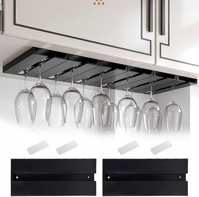 2Pcs Wine Glass Holder，Stemware Rack Plastic Punch-free Hanging Under Cabinet for Bar,Kitchen and Restaurant (black)-CasaMuseHome