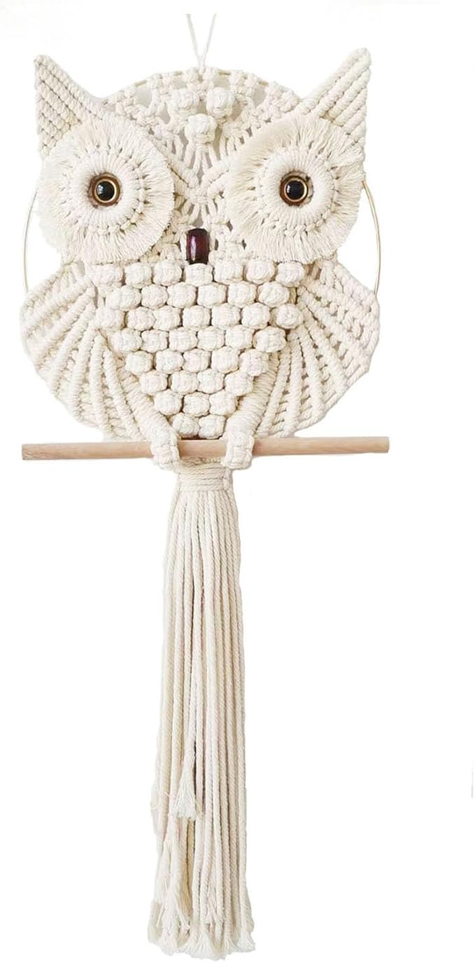 Achart Owl Macrame Wall Hanging-Hand Woven Boho Tapestry-Macrame Wall Decor -Owl Decor for Bedroom, Living Room, Nursery (Beige-Small)-CasaMuseHome