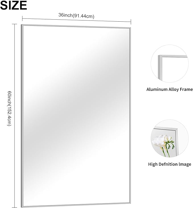 36x60inch Brushed Nickel Bathroom Mirror, Silver Rectangle Mirror with Frame, Large Rectangular Wall Mirrors for Bathroom, Living Roomm, Hair Salon, Big Mirror Hang Horizontal/Vertical-CasaMuseHome