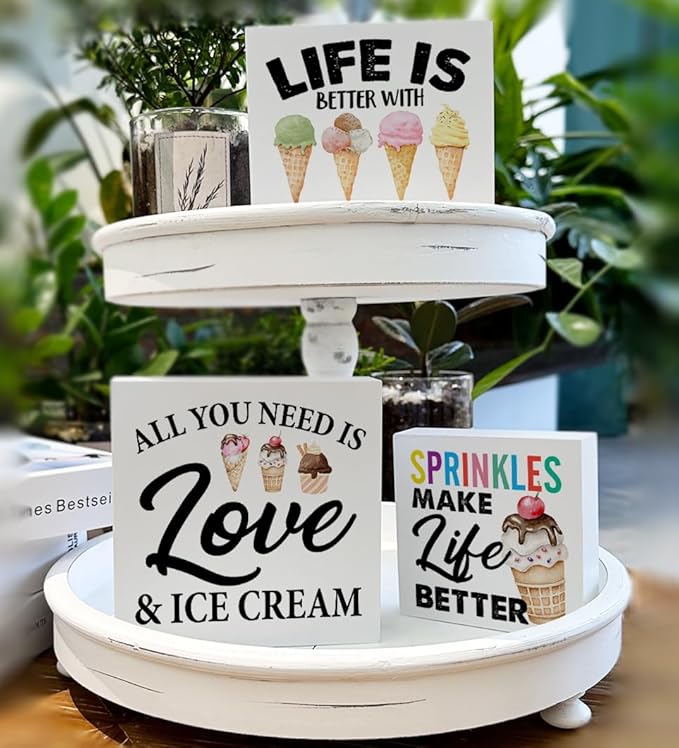 3 Pcs Summer Ice Cream Wood Box Signs Decor Farmhouse Summer Ice Cream Tiered Tray Decor Table Desk Shelf Kitchen Decoration Rustic-CasaMuseHome