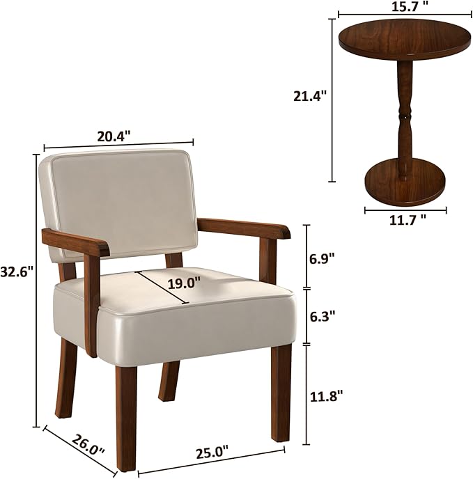 Accent Chair Set of 2 with Table, PU Leather Chair for Living Room Oversized Armchair with Soft Seat and Armrests for Bedroom Dinning Reading Waiting Room (Leather Beige)-CasaMuseHome