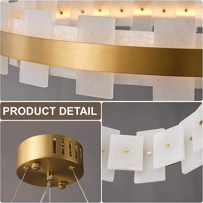 20" Natural Spanish Alabaster Round Chandelier, Adjustable Large Chandeliers for Living Room Over Table, Modern Luxury Alabaster Stone Chandelier for Drawing Room, Bedroom, Hallway, Foyer-CasaMuseHome