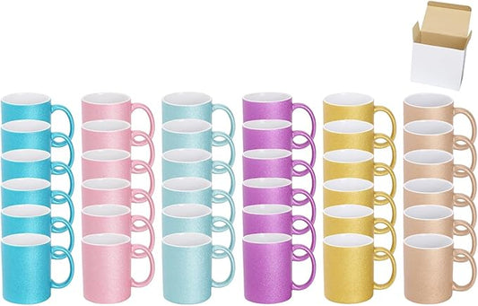 11oz White Ceramic Sublimation Coffee Mug in White Gift Box, 6 Sparkling Mixed Colors, Case of 36-CasaMuseHome