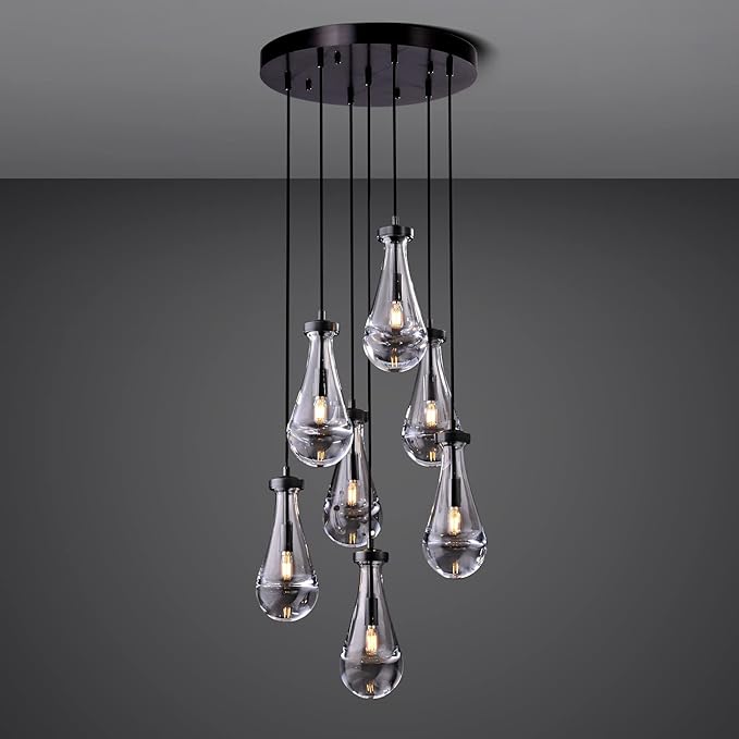 7 Light Raindrop Chandeliers, Bronze Teardrop Cluster Pendant Lights Kitchen Island, Black Dining Room Chandelier Over Table Hanging Pendant Lighting for High Ceiling, Entryway Staircase-CasaMuseHome