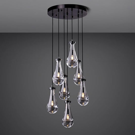 7 Light Raindrop Chandeliers, Bronze Teardrop Cluster Pendant Lights Kitchen Island, Black Dining Room Chandelier Over Table Hanging Pendant Lighting for High Ceiling, Entryway Staircase-CasaMuseHome