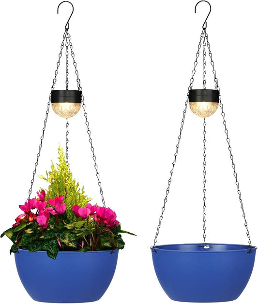 2 Packs Solar Hanging Basket Planters for Plants Outdoor, Self Watering Blue Flower Plants Pots with Solar Light Drainer for Balcony Patio Garden Outdoor Decoration-CasaMuseHome