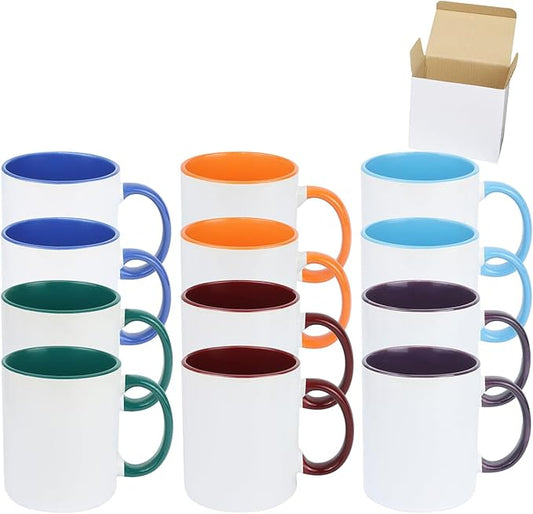 11oz White Ceramic Sublimation Coffee Mug in White Gift Box, 6 New Mixed Colors, Case of 12-CasaMuseHome