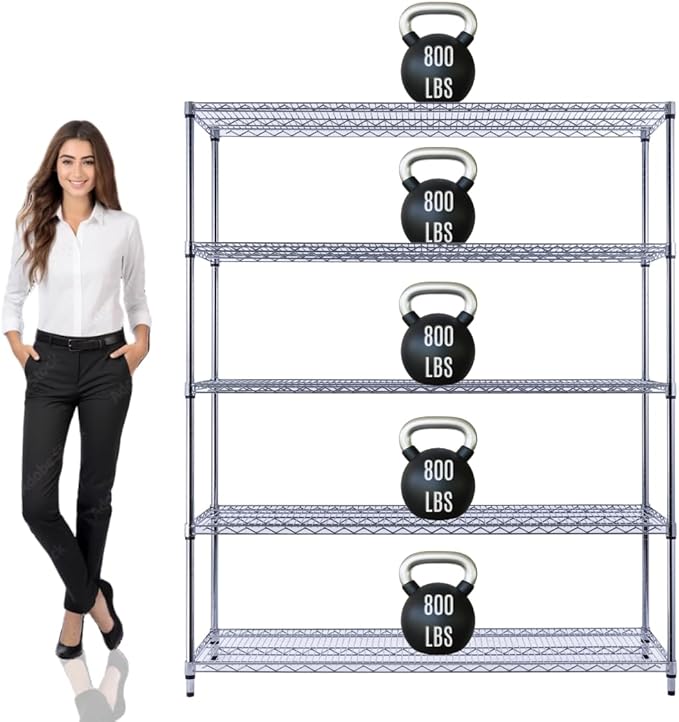 60"x18"x72" PRIME HEAVY DUTY Chrome 5-Tier Wire Shelving 4000 LBS MAX Capacity Storage Rack for Commercial, School, Home, Garage, Warehouse, Industrial, and Hospital Uses (with Wheels)-CasaMuseHome