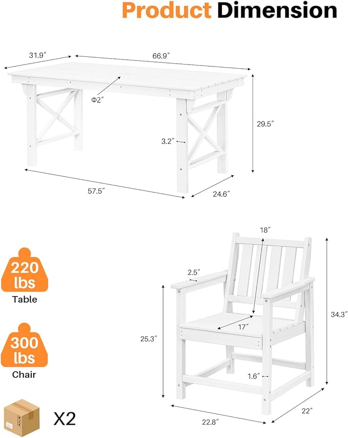 7 Pieces HDPE Outdoor Dining Set, Patio Dining Set with Umbrella Hole, All Weather Outdoor Dining Table Sets for 6, HDPE Patio Furniture Sets for Deck, Backyard, Lawn, and Poolside, Pearl-CasaMuseHome