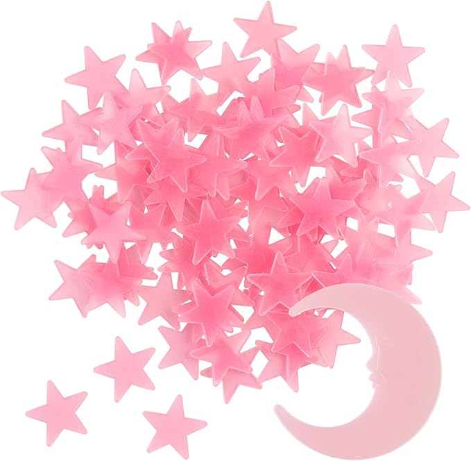 100 Stars and 1 Moon Glow in The Dark Luminous Fluorescent 3D Plastic Glow Stars Moon for Ceiling, Glowing Wall Stickers Create a Realistic Starry Sky, Room Decorations (Pink)-CasaMuseHome
